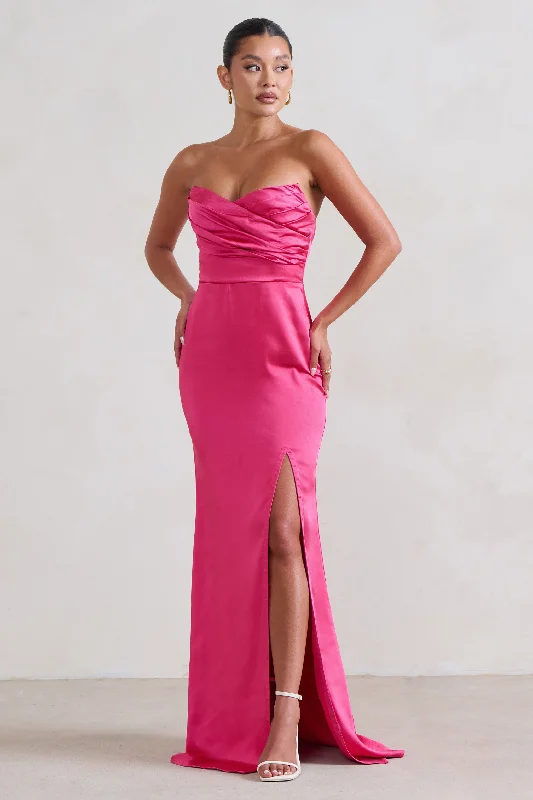 Coraline | Hot Pink Strapless Maxi dress With Split