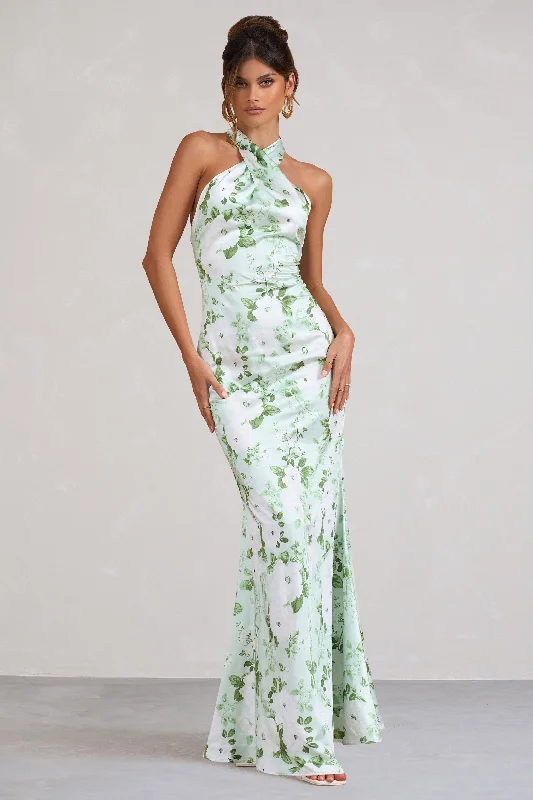 Unstoppable | Green Floral Print Satin Cross Over Halter Neck Maxi Dress