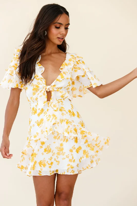 Aubrey Tied Bust Ruffle Trim Dress Floral Print Yellow