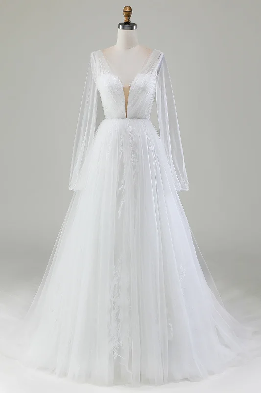 Ivory A-Line V-Neck Pleated Tulle Wedding Dress With Long Sleeves