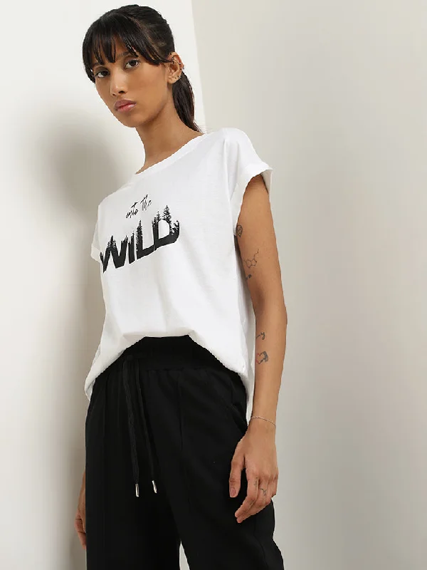 Studiofit White Text Printed Cotton T-Shirt