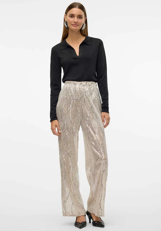 Vero Moda Ellen Sequin Wide Leg Trousers, Champagne