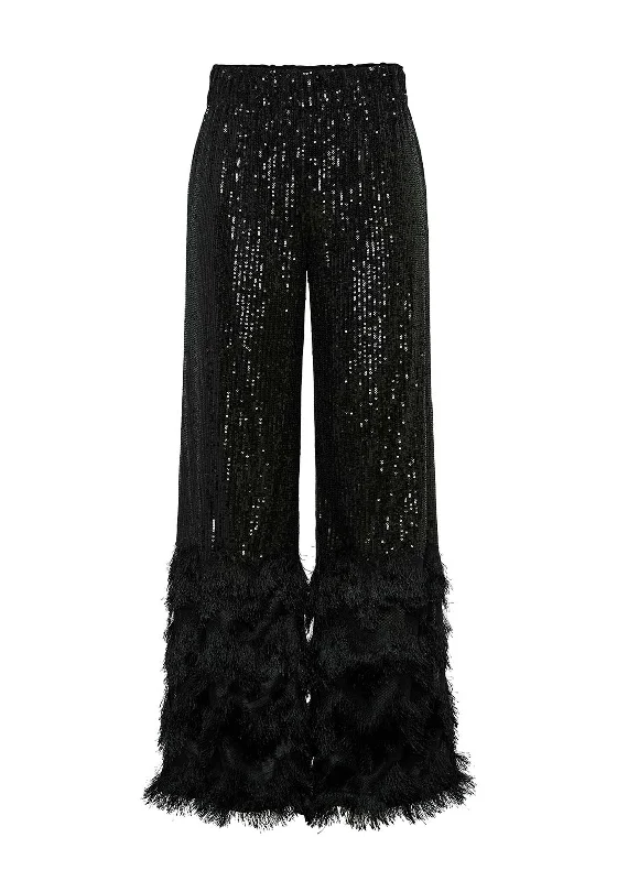 Y.A.S. Flow Sequin Fringe Trim High Waisted Trousers, Black