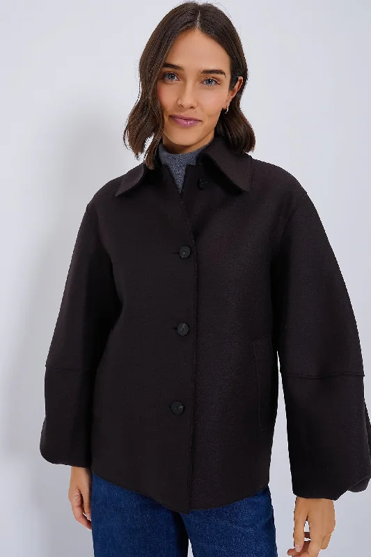 Trendy women’s clothing with a modern twist   Dark Brown Puffed Sleeve Pressed Wool Jacket