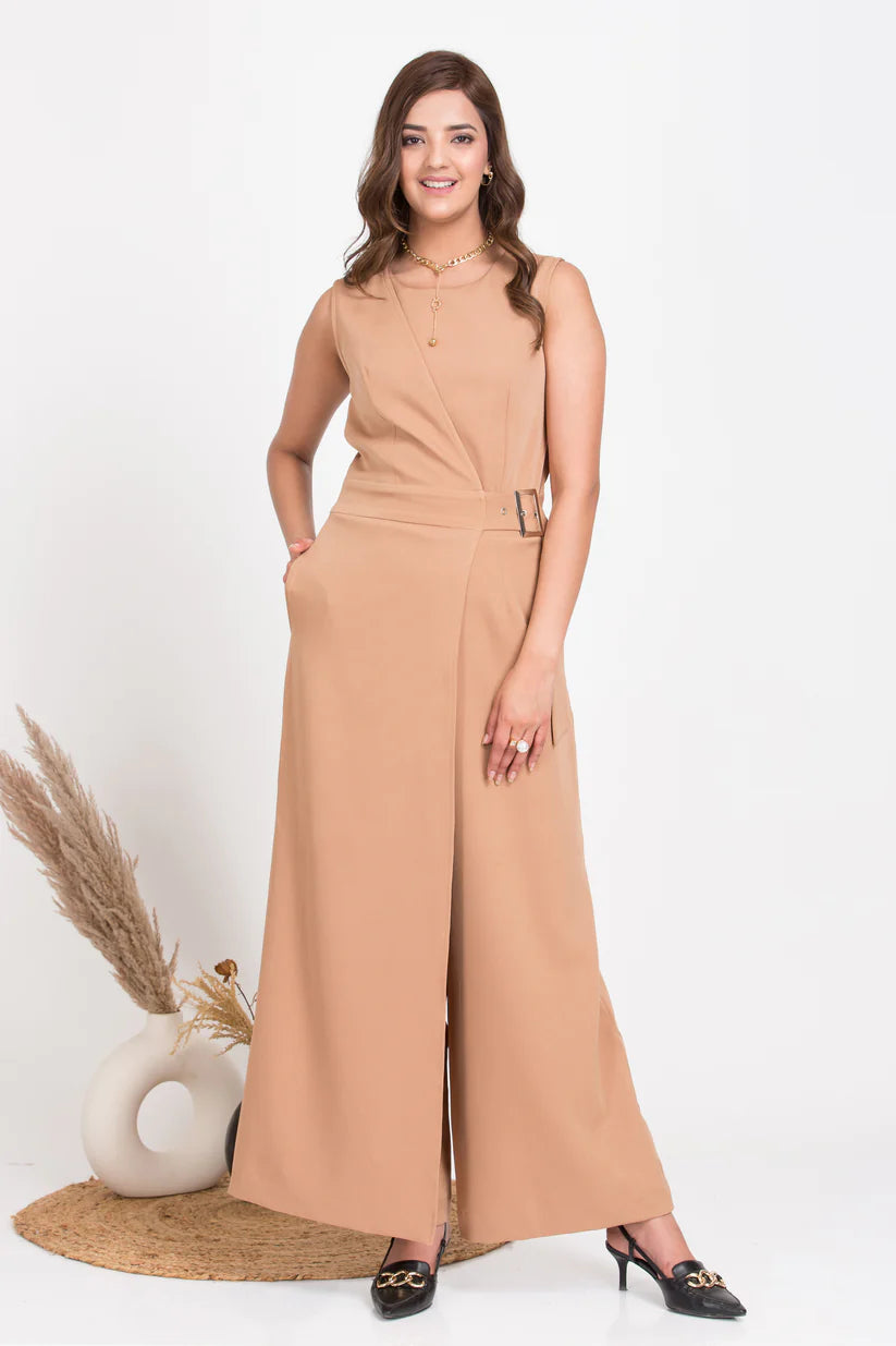 Solid Women's Tan Brown Over Lap Jumpsuit