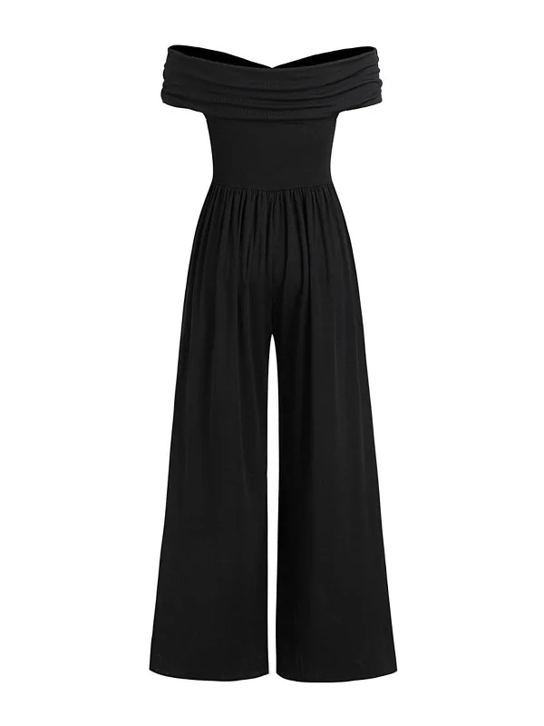 Black 1960s Solid Off-Shoulder Pleated Jumpsuit