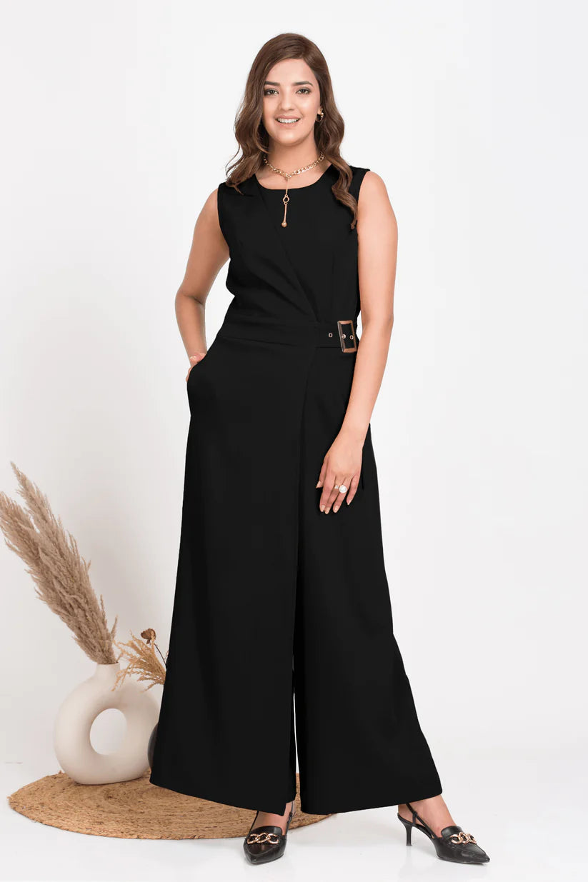 Solid Black Overlap Jumpsuit for Women's office