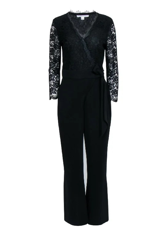 Diane von Furstenberg - Black Lace Top Wrap Jumpsuit w/ Wide Leg Sz 8