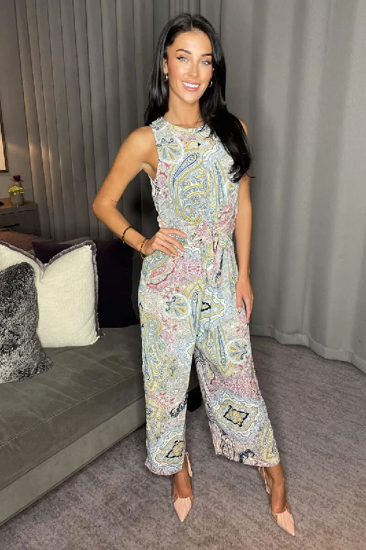 Multi Printed Sleeveless Knot Front Jumpsuit