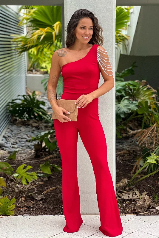 Red One Shoulder Jumpsuit With Faux Pearl Detail