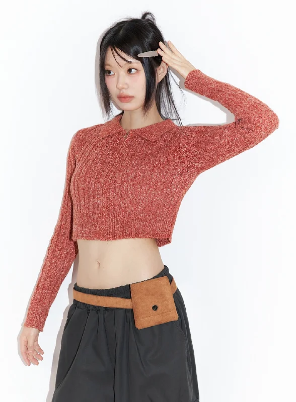 Slim-Fit Collared Zip Crop Top IO430