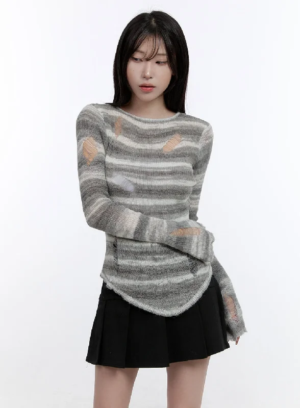 Stripe Destroyed Long Sleeve Knit Top CO419