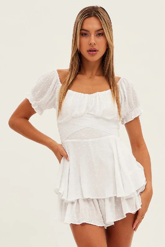 White Ruffle Playsuit Short Sleeve Tie Back